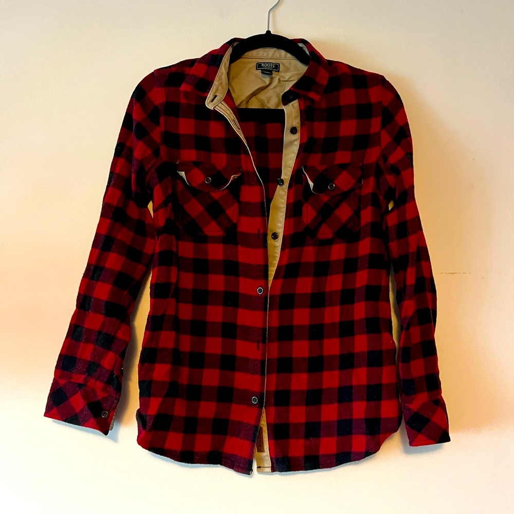 Roots Canada Plaid Button-Up with elbow patch detail